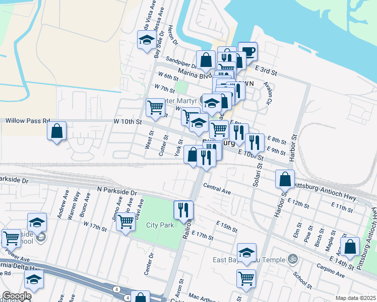map of restaurants, bars, coffee shops, grocery stores, and more near 43 West 11th Street in Pittsburg