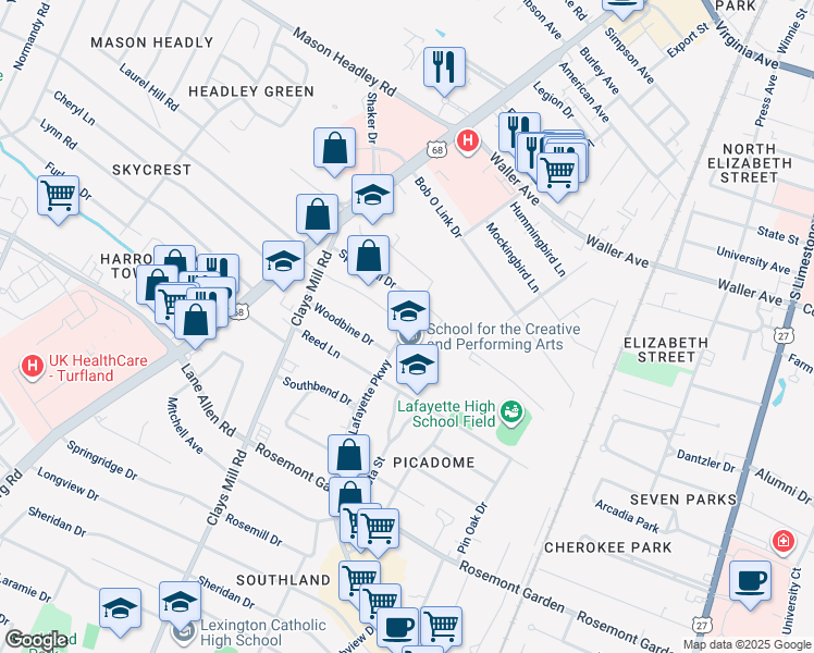 map of restaurants, bars, coffee shops, grocery stores, and more near 400 Lafayette Parkway in Lexington