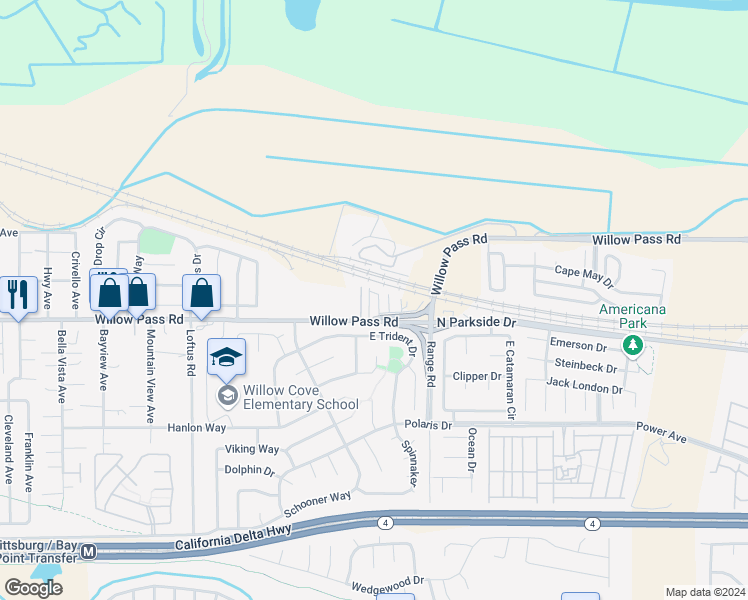 map of restaurants, bars, coffee shops, grocery stores, and more near 1526 Willow Pass Road in Pittsburg