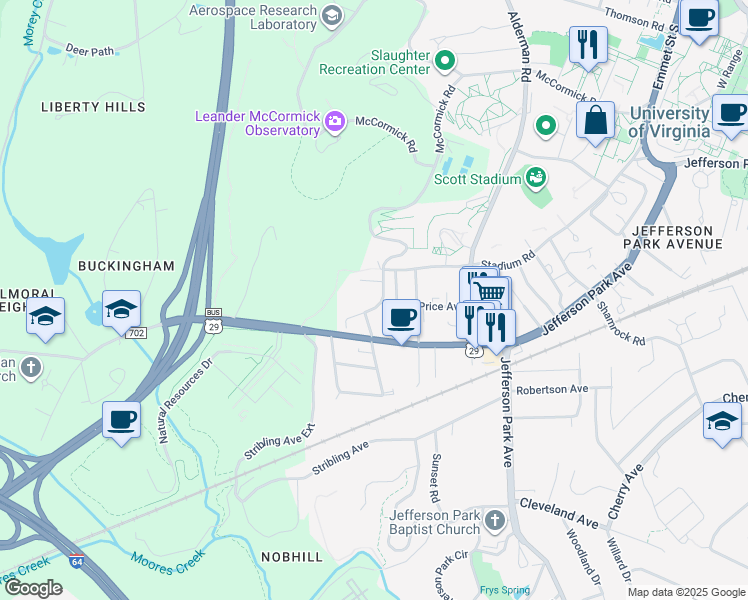 map of restaurants, bars, coffee shops, grocery stores, and more near 137 Mimosa Court in Charlottesville