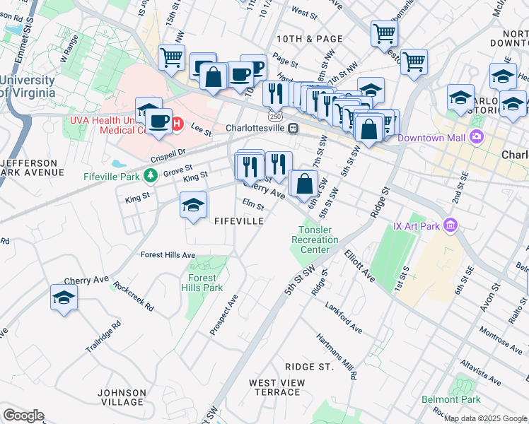 map of restaurants, bars, coffee shops, grocery stores, and more near 513 7 1/2 Street Southwest in Charlottesville