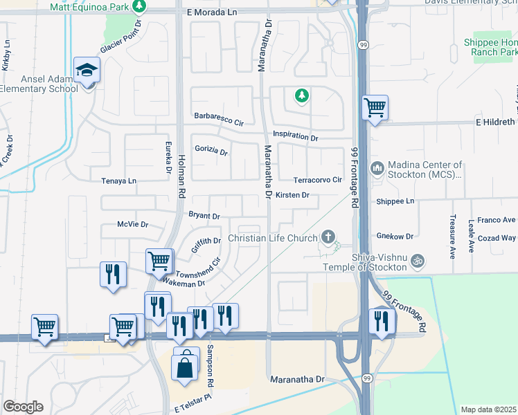 map of restaurants, bars, coffee shops, grocery stores, and more near 3999 Montana Street in Stockton