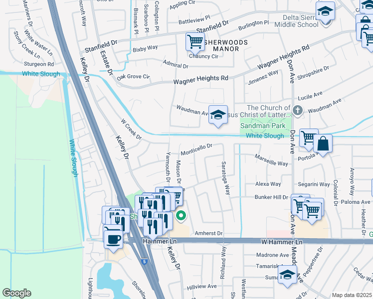 map of restaurants, bars, coffee shops, grocery stores, and more near 3025 Monticello Drive in Stockton