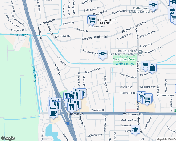 map of restaurants, bars, coffee shops, grocery stores, and more near 3025 Monticello Drive in Stockton