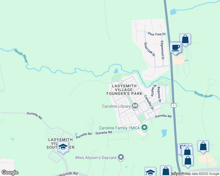 map of restaurants, bars, coffee shops, grocery stores, and more near 17124 Perinchief Street in Ruther Glen