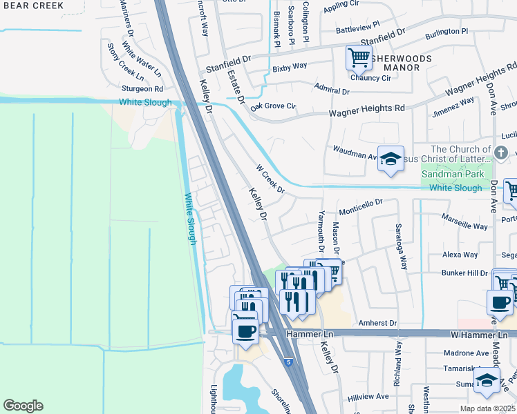 map of restaurants, bars, coffee shops, grocery stores, and more near 8607 Kelley Drive in Stockton