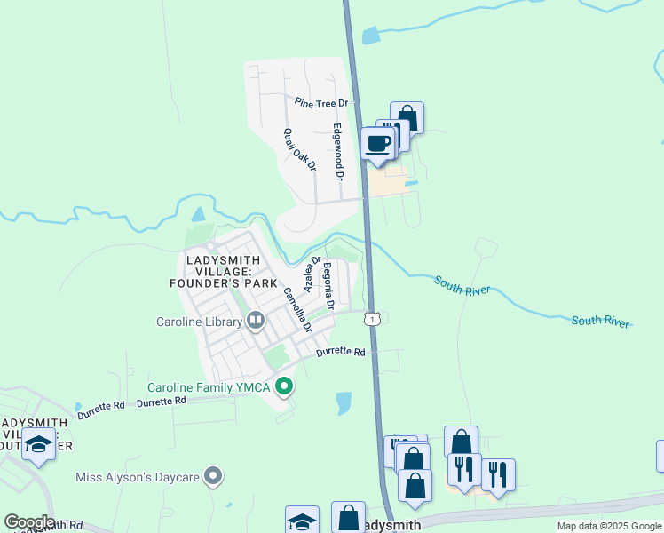 map of restaurants, bars, coffee shops, grocery stores, and more near 17191 Begonia Drive in Ruther Glen