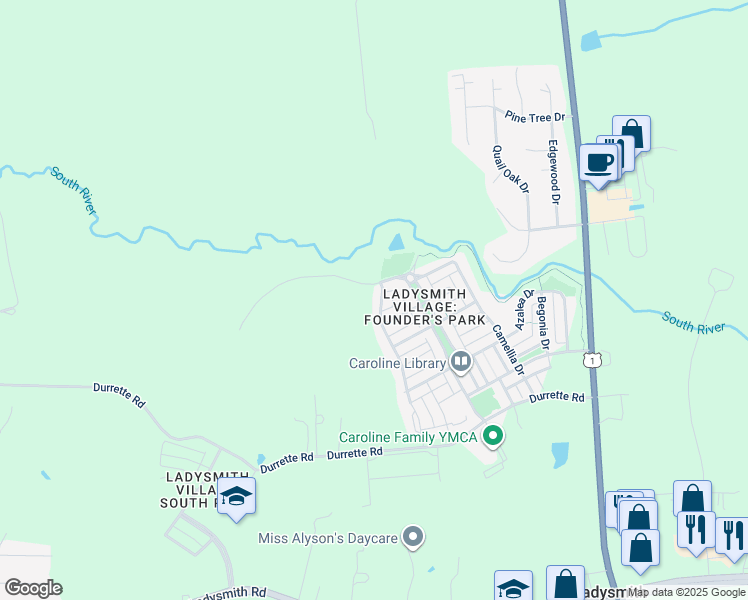 map of restaurants, bars, coffee shops, grocery stores, and more near 17124 Perinchief Street in Ruther Glen