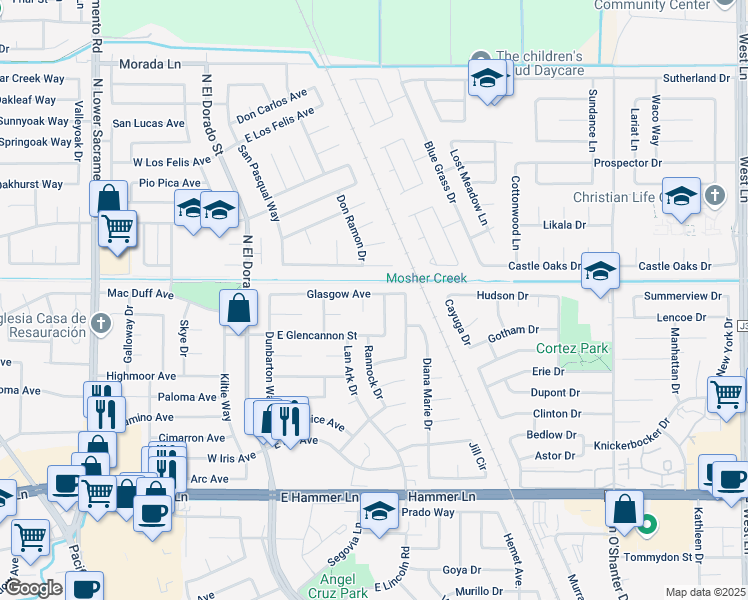 map of restaurants, bars, coffee shops, grocery stores, and more near 235 Glasgow Avenue in Stockton