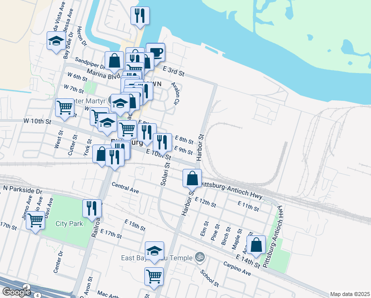 map of restaurants, bars, coffee shops, grocery stores, and more near 463 East 9th Street in Pittsburg