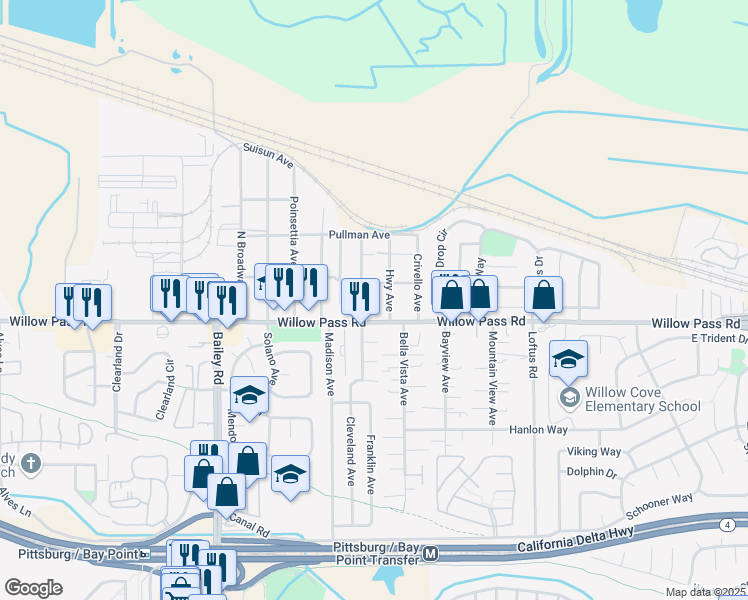 map of restaurants, bars, coffee shops, grocery stores, and more near 64 North Bella Monte Avenue in Bay Point