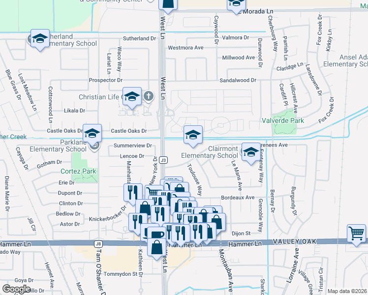 map of restaurants, bars, coffee shops, grocery stores, and more near 1733 Pyrenees Avenue in Stockton