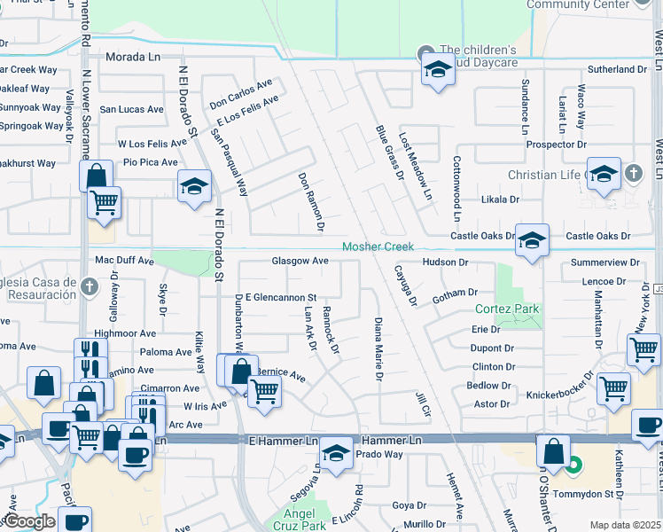 map of restaurants, bars, coffee shops, grocery stores, and more near 235 Glasgow Avenue in Stockton