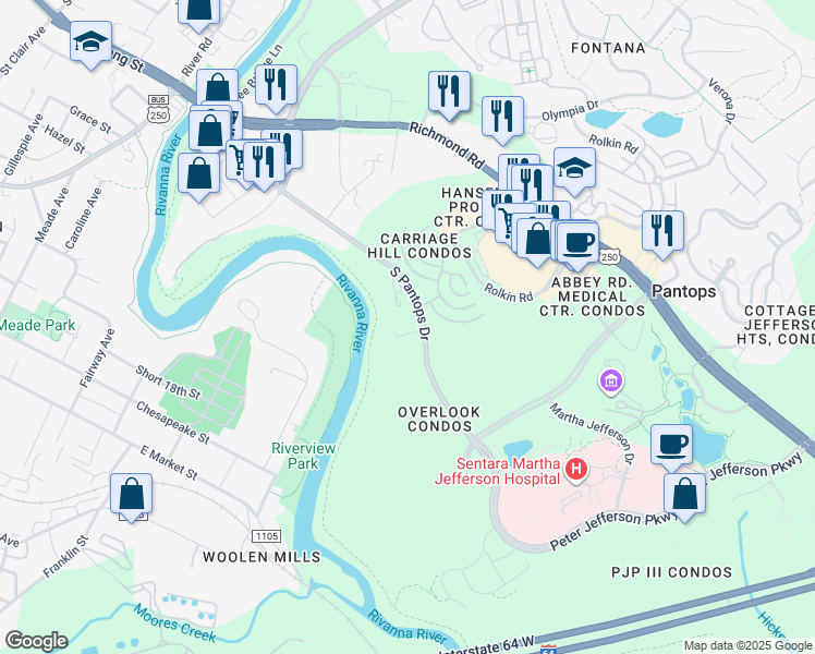 map of restaurants, bars, coffee shops, grocery stores, and more near 220 South Pantops Drive in Charlottesville