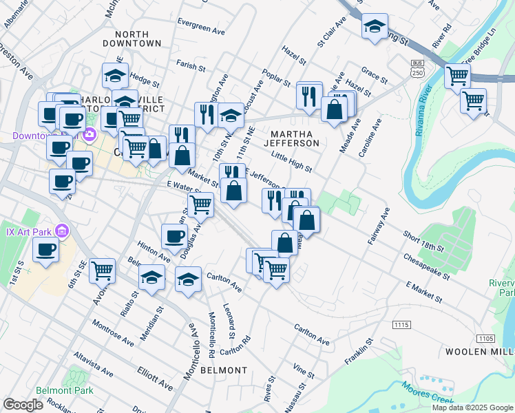 map of restaurants, bars, coffee shops, grocery stores, and more near 207 12th Street Northeast in Charlottesville