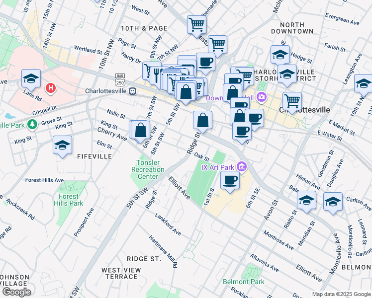map of restaurants, bars, coffee shops, grocery stores, and more near 416-418 4th Street Southwest in Charlottesville