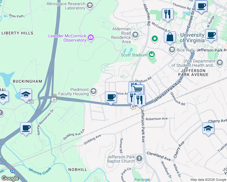 map of restaurants, bars, coffee shops, grocery stores, and more near 129 Piedmont Avenue South in Charlottesville
