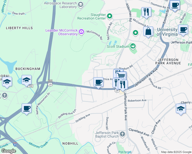 map of restaurants, bars, coffee shops, grocery stores, and more near 137 Mimosa Court in Charlottesville