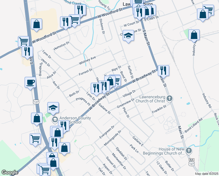 map of restaurants, bars, coffee shops, grocery stores, and more near 102 Johnson Street in Lawrenceburg