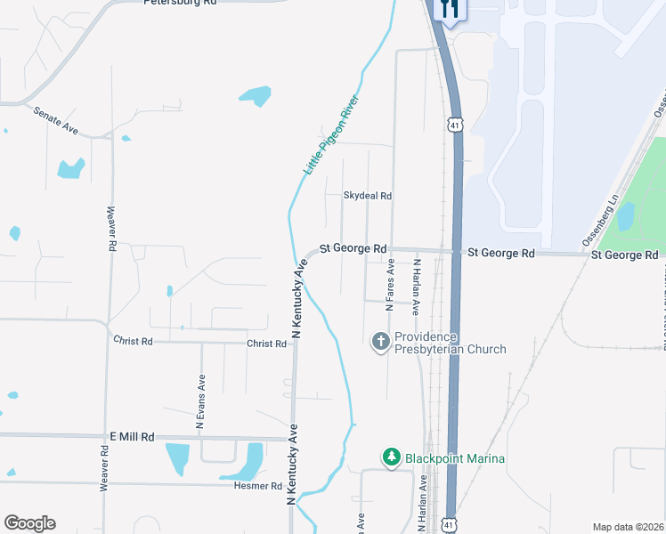 map of restaurants, bars, coffee shops, grocery stores, and more near 1027 Saint George Road in Evansville