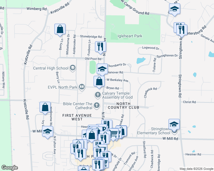 map of restaurants, bars, coffee shops, grocery stores, and more near 714 West Berkeley Avenue in Evansville
