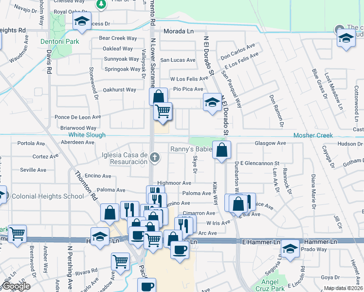 map of restaurants, bars, coffee shops, grocery stores, and more near 750 Macduff Ave in Stockton