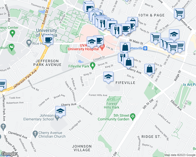 map of restaurants, bars, coffee shops, grocery stores, and more near 1200 Cherry Avenue in Charlottesville