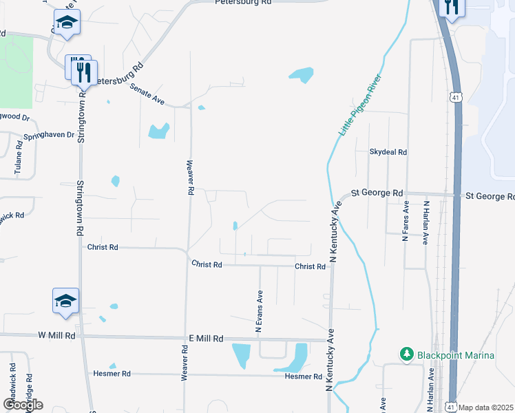 map of restaurants, bars, coffee shops, grocery stores, and more near 5400 Cameo Drive in Evansville