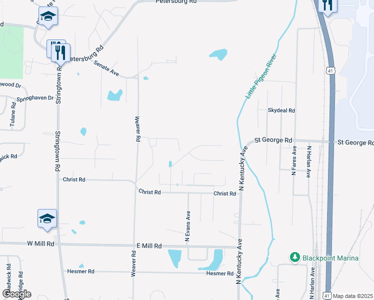map of restaurants, bars, coffee shops, grocery stores, and more near 5400 Cameo Drive in Evansville