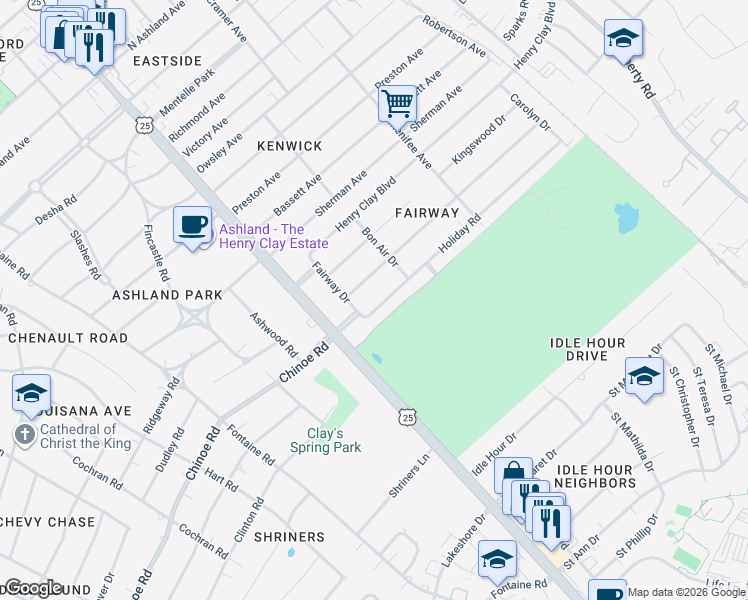 map of restaurants, bars, coffee shops, grocery stores, and more near 232 Queensway Drive in Lexington