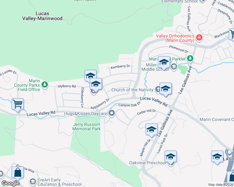 map of restaurants, bars, coffee shops, grocery stores, and more near 642 Appleberry Drive in San Rafael