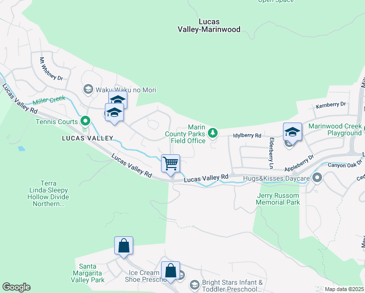 map of restaurants, bars, coffee shops, grocery stores, and more near 1068 Idylberry Road in San Rafael