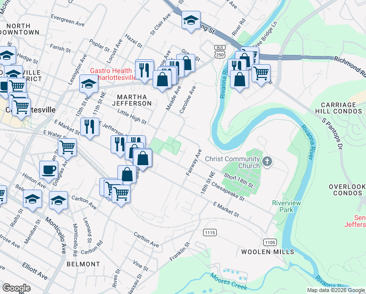 map of restaurants, bars, coffee shops, grocery stores, and more near 413 Fairway Avenue in Charlottesville