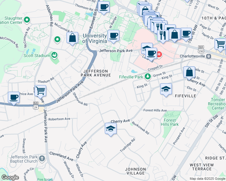 map of restaurants, bars, coffee shops, grocery stores, and more near 301 Valley Road Extension in Charlottesville