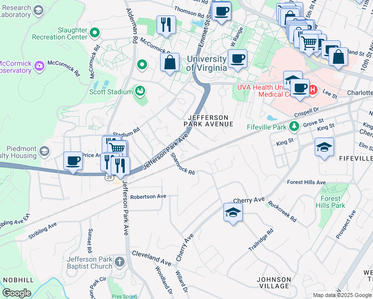 map of restaurants, bars, coffee shops, grocery stores, and more near 102 Carrollton Terrace in Charlottesville
