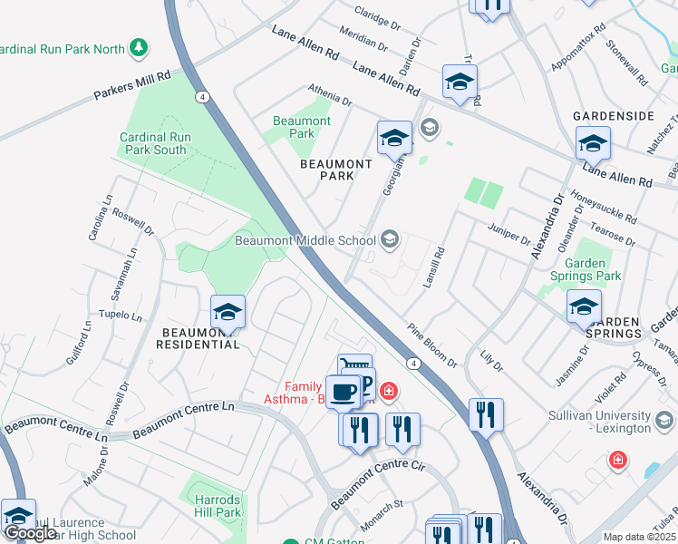 map of restaurants, bars, coffee shops, grocery stores, and more near 2135 Georgian Way in Lexington