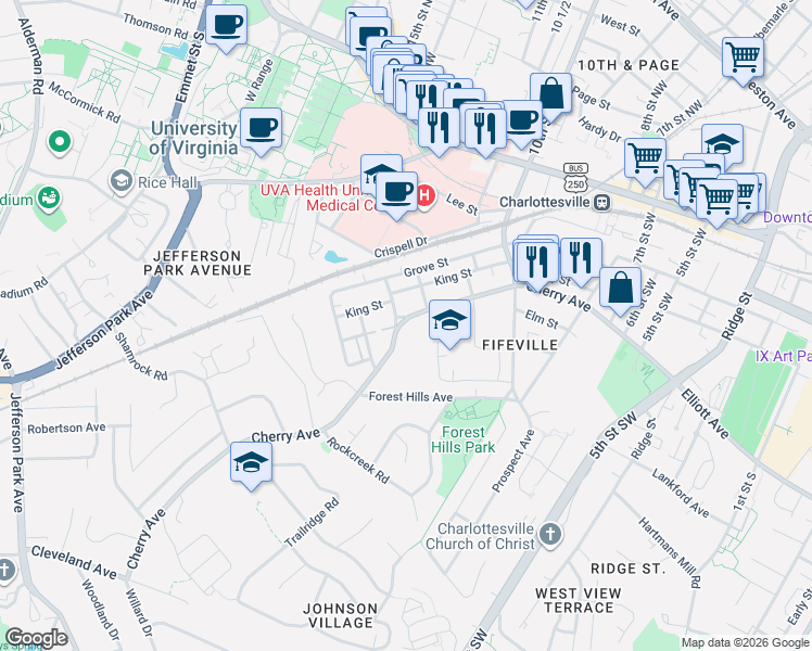 map of restaurants, bars, coffee shops, grocery stores, and more near 1107 Cherry Avenue in Charlottesville