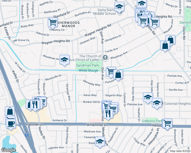 map of restaurants, bars, coffee shops, grocery stores, and more near 2536 Antoine Court in Stockton