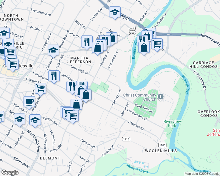 map of restaurants, bars, coffee shops, grocery stores, and more near 413 Fairway Avenue in Charlottesville