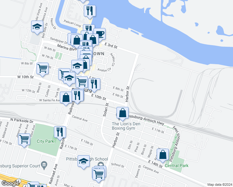 map of restaurants, bars, coffee shops, grocery stores, and more near 449 East 9th Street in Pittsburg