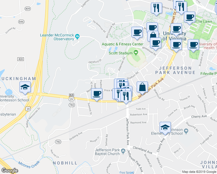 map of restaurants, bars, coffee shops, grocery stores, and more near 2313 Price Avenue in Charlottesville