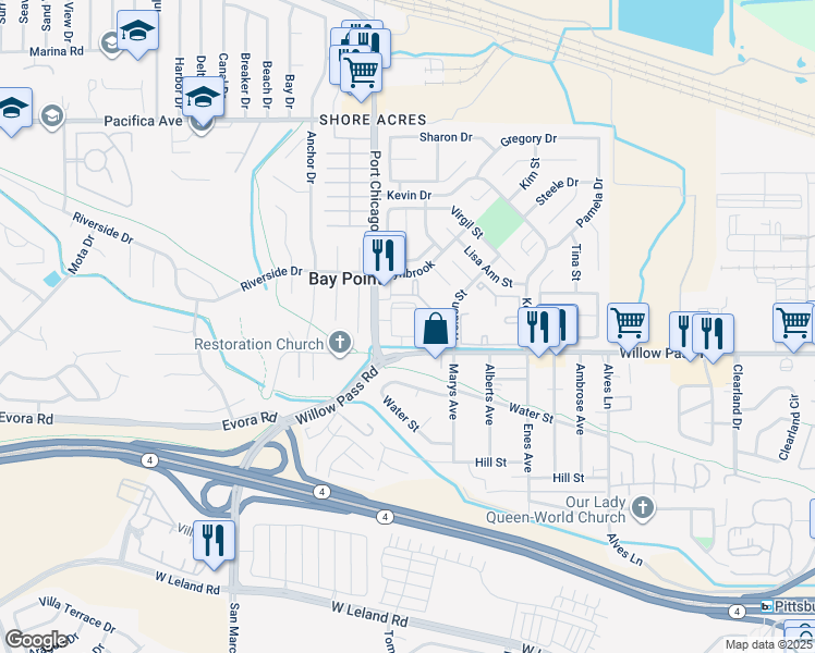 map of restaurants, bars, coffee shops, grocery stores, and more near 3628 Willow Pass Road in Bay Point