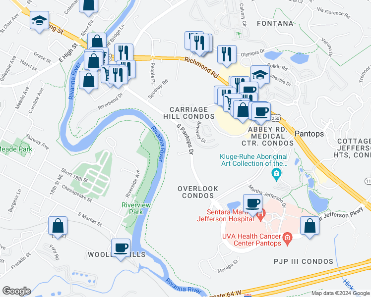 map of restaurants, bars, coffee shops, grocery stores, and more near 220 South Pantops Drive in Charlottesville