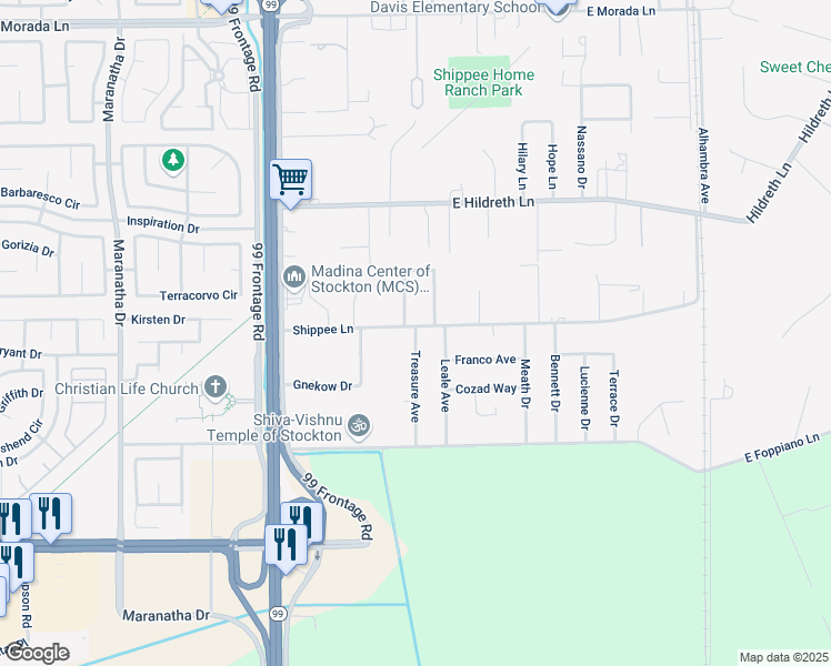 map of restaurants, bars, coffee shops, grocery stores, and more near 8436 Treasure Avenue in Morada