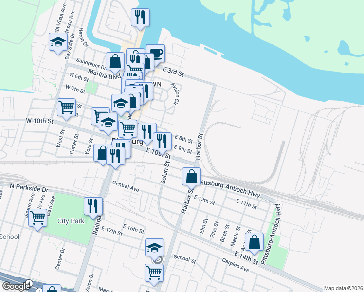 map of restaurants, bars, coffee shops, grocery stores, and more near 449 East 9th Street in Pittsburg