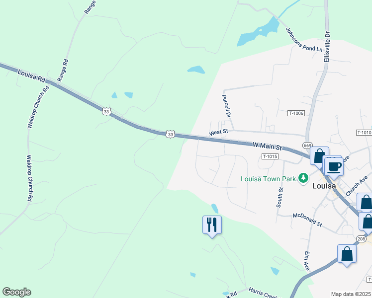 map of restaurants, bars, coffee shops, grocery stores, and more near 440 West Main Street in Louisa