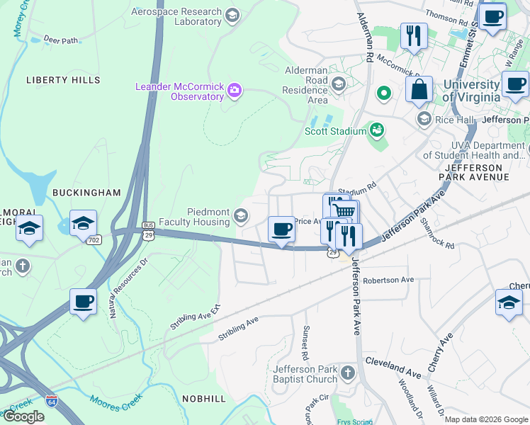 map of restaurants, bars, coffee shops, grocery stores, and more near 137 Mimosa Court in Charlottesville