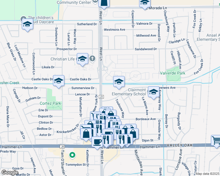 map of restaurants, bars, coffee shops, grocery stores, and more near 1725 Pyrenees Avenue in Stockton