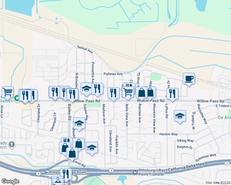 map of restaurants, bars, coffee shops, grocery stores, and more near 64 North Bella Monte Avenue in Bay Point