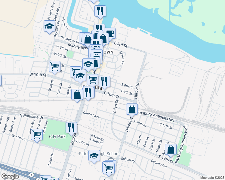 map of restaurants, bars, coffee shops, grocery stores, and more near 901-955 Los Medanos Street in Pittsburg